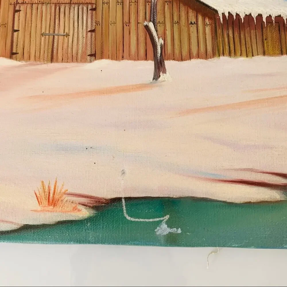 Vintage Barn Oil On Canvas Painting  Winter Snow By The Lake